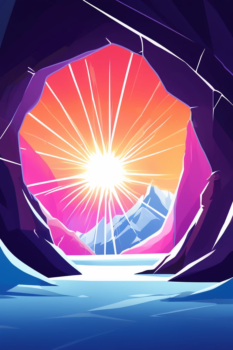 Flat art , 6 colors. Heavy line weight. Illustration scene  of a a crystal cave open up to a snow landscape with a giant portal of transcendent light beaming up into the sky, . Simplistic.  Minimalistic.   Spider webs. Vibrant color.  no shading . No highlights . Flat art