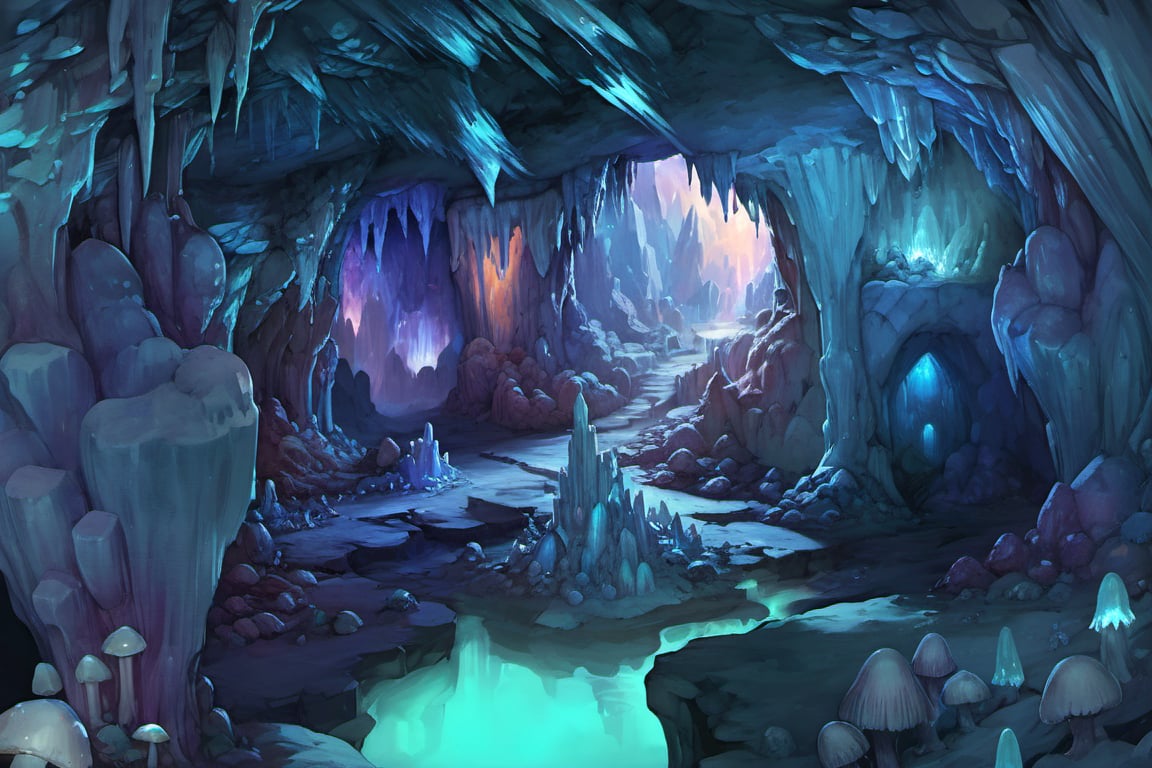 a crystal cave open up to a snow landscape with a giant portal of transcendent light  beaming up into the sky, the cave is full of glowing magic mushrooms, stalagmites and stalactites 