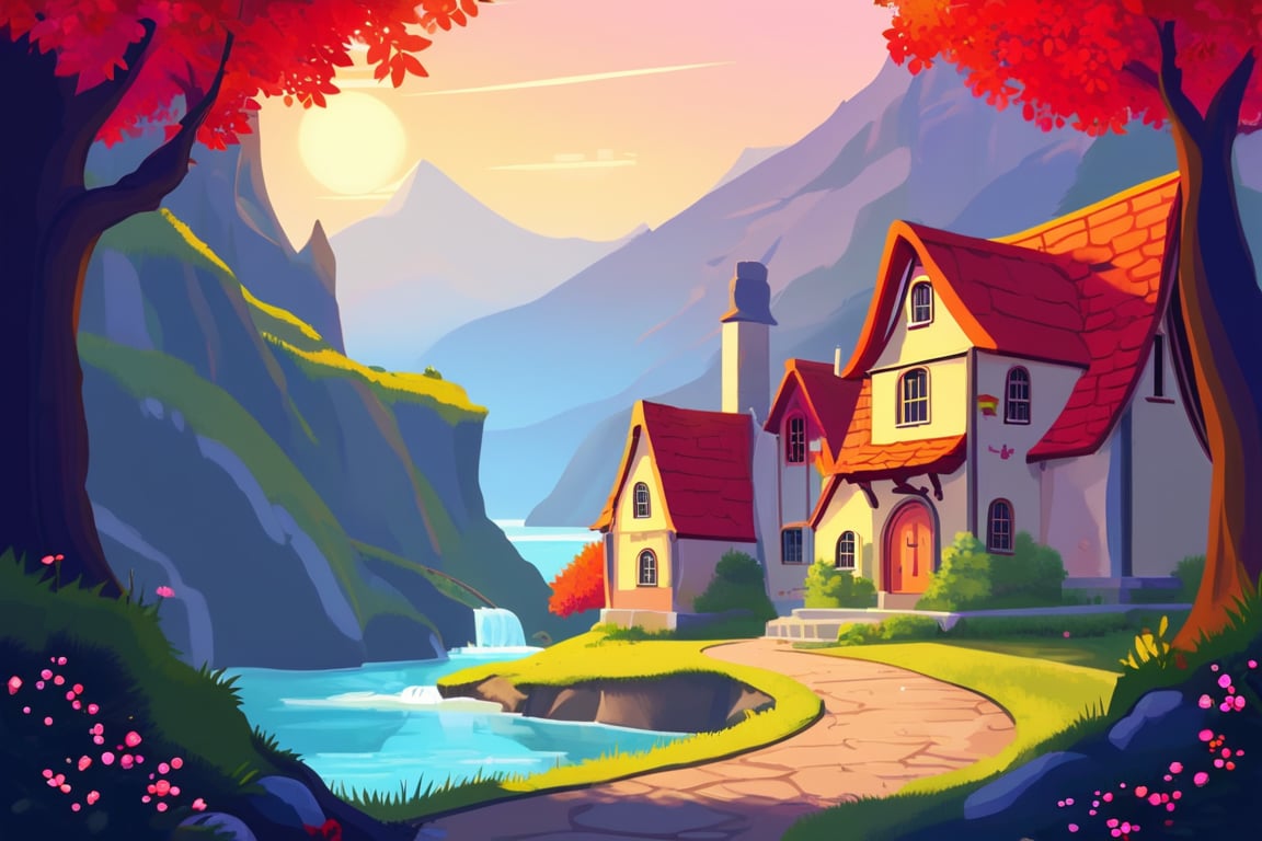 Flat art , 6 colors. Heavy line weight. Illustration scene Beautiful Elven storybook cottage in a Fantasy Elven Village in autumn , mountains and waterfalls in the distance,Cobblestone road,atmospheric sun rays,  colourful,  Renaissance architecture, Lovely, Picturesque,   environment. Simplistic.  Minimalistic.    Vibrant color.  no shading . No highlights . Flat art