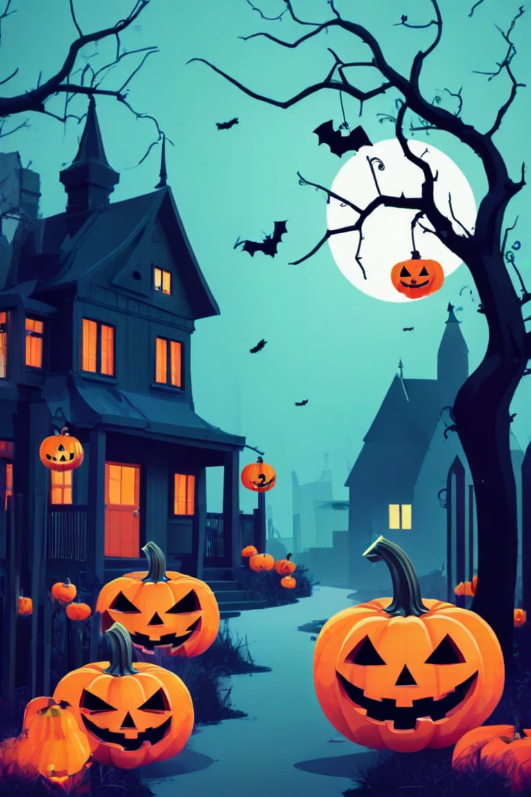 Flat art , 4 colors. Heavy line weight. Illustration scene  of a Halloween village  environment. Simplistic.  Minimalistic.  Cute image. Sfw, pumpkins. Spider webs. Halloween  color palette. Vibrant color. Vector art illustration 