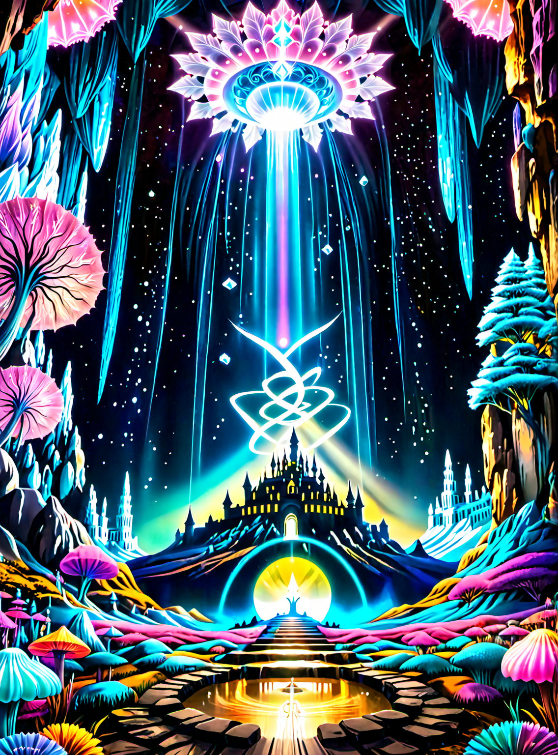 ((In the center of the MYSTICAL cave entrance surrounded by a large crystal formations is a GIANT CASTLE AND A SEMI TRANSP...