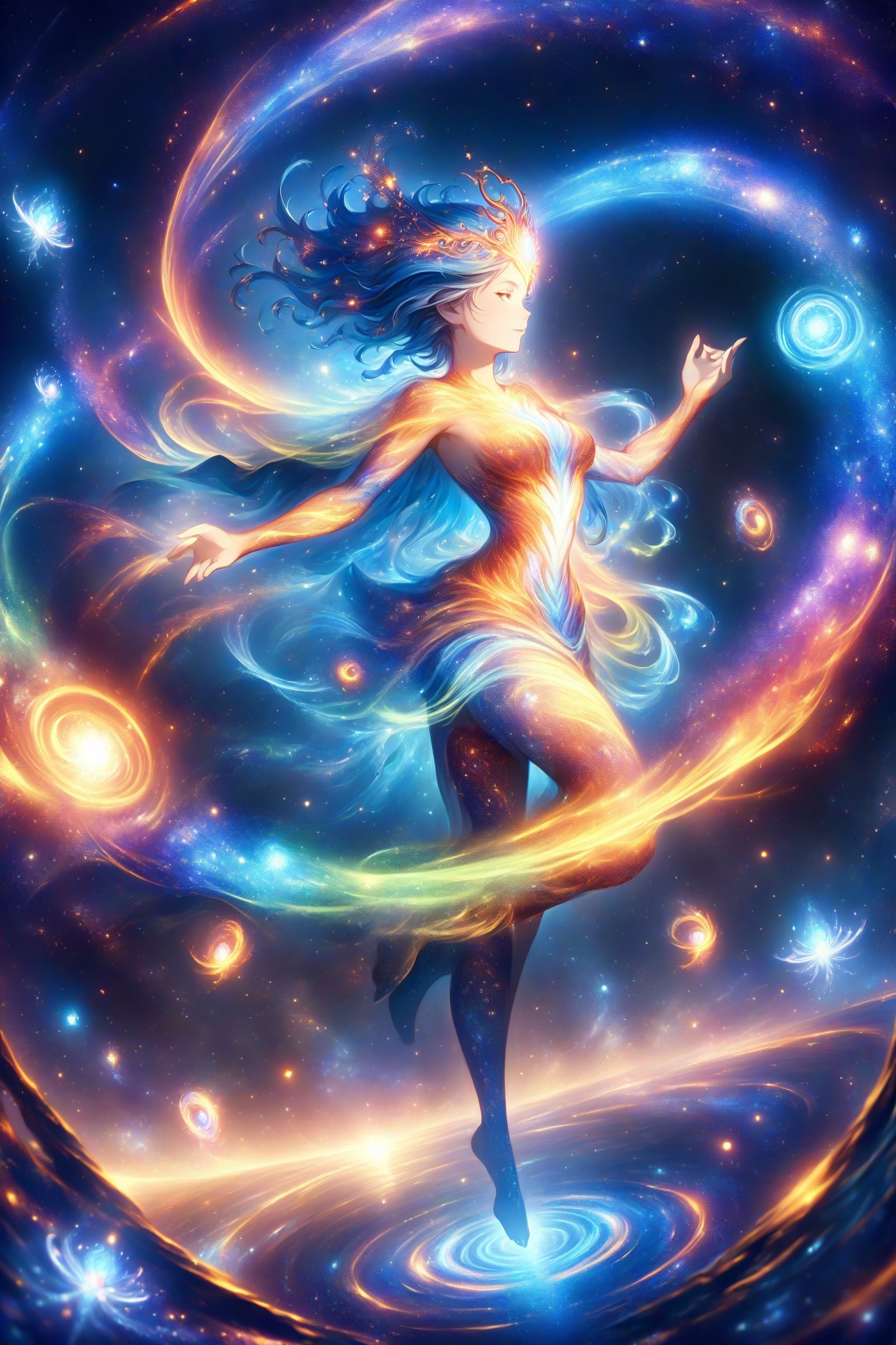 a female space shaman shrouded in cloak of light and stars,galaxy,space,portals,light being,stars,enchanted,fantasy,visionary art