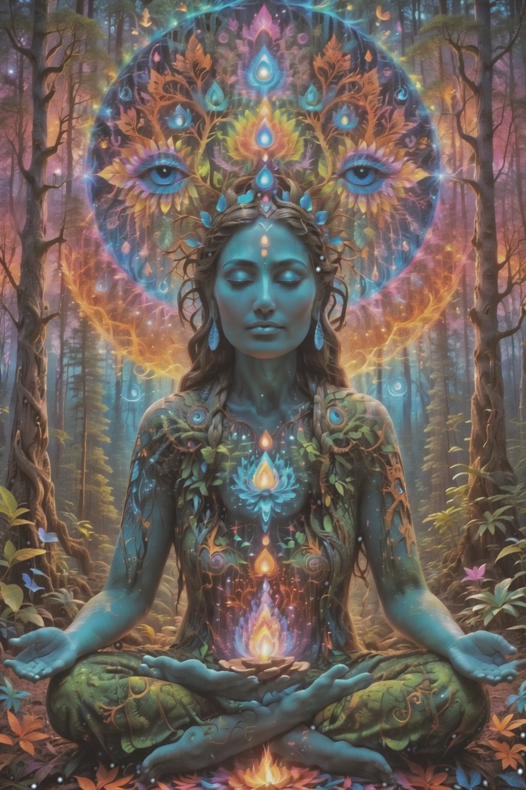 this person sits in a forest and transcends their ego mind and opens up to the spirit realm surrounding them. human in meditation, fractals, vivid color, 
"Visionary art is art that purports to transcend the physical world and portray a wider vision of awareness including spiritual or mystical themes, or is based in such experiences." , psychedelic visionary art ,animal spirits, ,spirits,spirit guides, , . Shamanic visions , ayahuasca visions . Spirit realm, metaphysical realm, esoteric,style, full body human,medium shot, perfect anatomy , psychedelic landscape surrounding the person , (masterpiece, best quality, ultra-detailed), (perfect hands, perfect anatomy), High detailed, detailed background, anatomically correct, beautiful face, detailed hands, perfect eyes, expressive eyes, score_9, score_8_up, score_7_up, best quality, masterpiece, 4k,visionary art,ULTIMATE LOGO MAKER [XL],bl4ckl1ghtxl