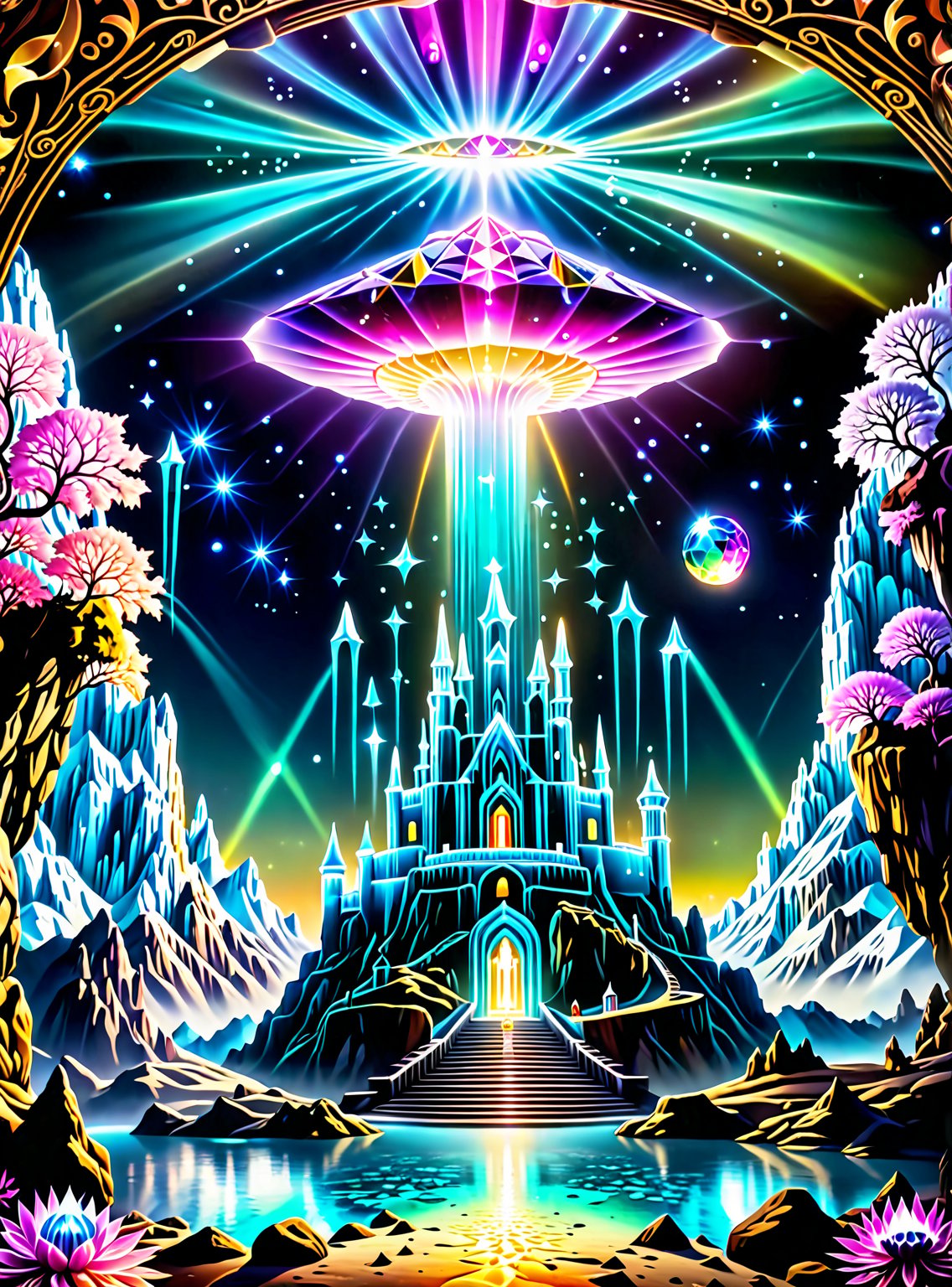 ((In the center of the MYSTICAL cave entrance surrounded by a large crystal formations is a GIANT CASTLE AND A SEMI TRANSP...