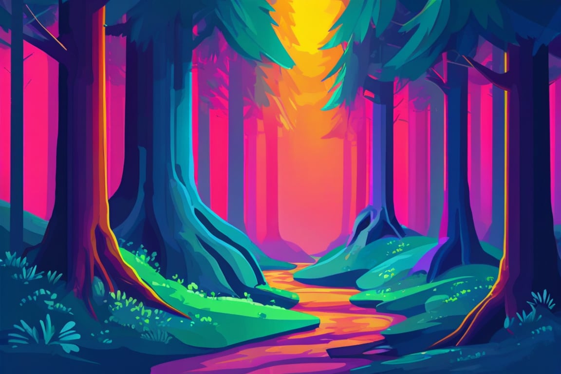 Flat art , 6 colors. Heavy line weight. Illustration scene  of a old growth forest  environment. Simplistic.  Minimalistic.    Vibrant color.  no shading . No highlights . Flat art