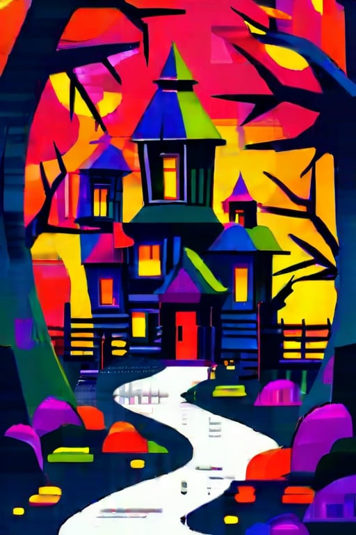 Flat art , 6 colors. Heavy line weight. Illustration scene  of a Halloween village  environment. 