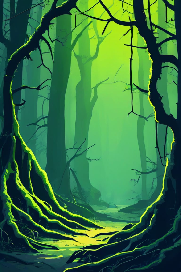 Flat art , 6 colors. Heavy line weight. Illustration scene  of a old growth forest  environment. Simplistic.  Minimalistic.   Spider webs. Vibrant color.  no shading . No highlights . Flat art