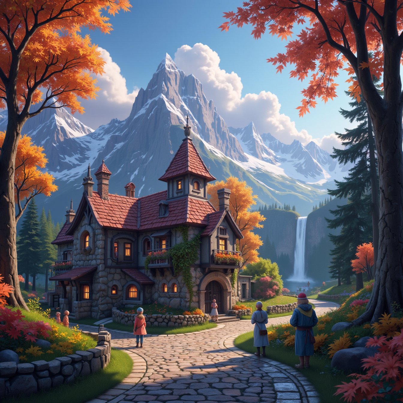 Beautiful Elven storybook cottage in a Fantasy Elven Village in autumn ,  mountains and waterfalls in the distance,  Cobbl...