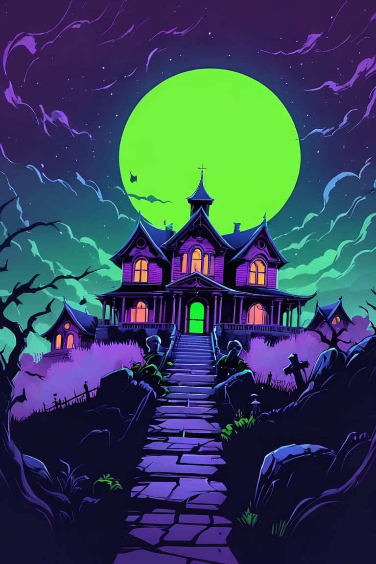 Pop Art medium shot of a halloween themed image, ,vampire manor on a hillside, green moon, clouds , from an anime-style illustration, rendered in realistic sketch style. The scene is within out of focus graveyard and night sky background that fades out of focus , adding depth and mystery.5 colors, simple image, colors, neon green, neon purple, dark blue, neon orange,dark purple,proper lighting effects