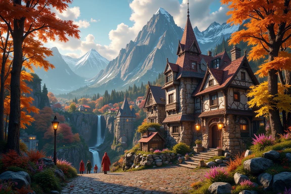 Beautiful Elven university and storybook cottages and shops in a Fantasy Elven Village in autumn ,  mountains and waterfal...