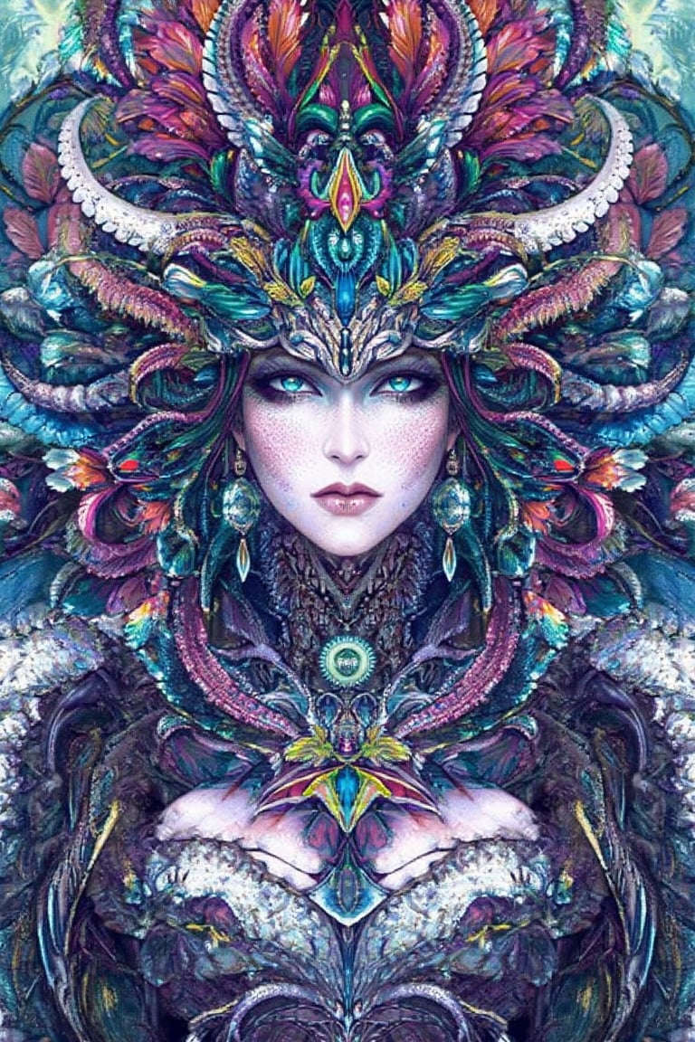 visionary art ,pen art,Dark Dramatic Ancient Elegant dark Goddess of the night , woman seen from the waist up, by Anna Dittmann and android jones,perfectly symmetrical image,Vibrant, In Watercolour,pen art, visionary art, symmetrical, beautiful detailed eyes (masterpiece, best quality, ultra-detailed), (perfect anatomy), High detailed, detailed background, anatomically correct, beautiful face, detailed hands, perfect eyes, expressive eyes, score_9, score_8_up, score_7_up, best quality, masterpiece, 16k,vivid colors,neon highlights,uv, 