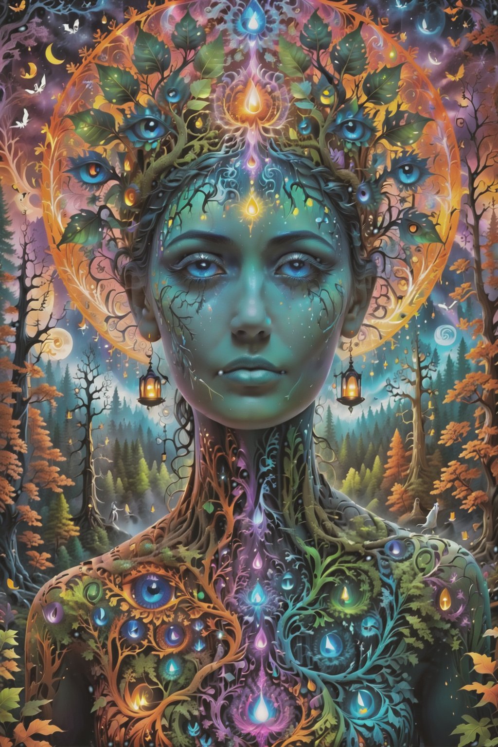 a forest of transcendence that opens up to the spirit realm surrounding breaking down physical reality into the spirit realm . human in meditation, fractals, vivid color, 
 . Spirit realm, metaphysical realm, esoteric,style , psychedelic landscape  , (masterpiece, best quality, ultra-detailed), (perfect hands, perfect anatomy), High detailed, detailed background, anatomically correct, beautiful face, detailed hands, perfect eyes, expressive eyes, score_9, score_8_up, score_7_up, best quality, masterpiece, 4k,visionary art,ULTIMATE LOGO MAKER [XL],bl4ckl1ghtxl,dd4ught3r,Halloween