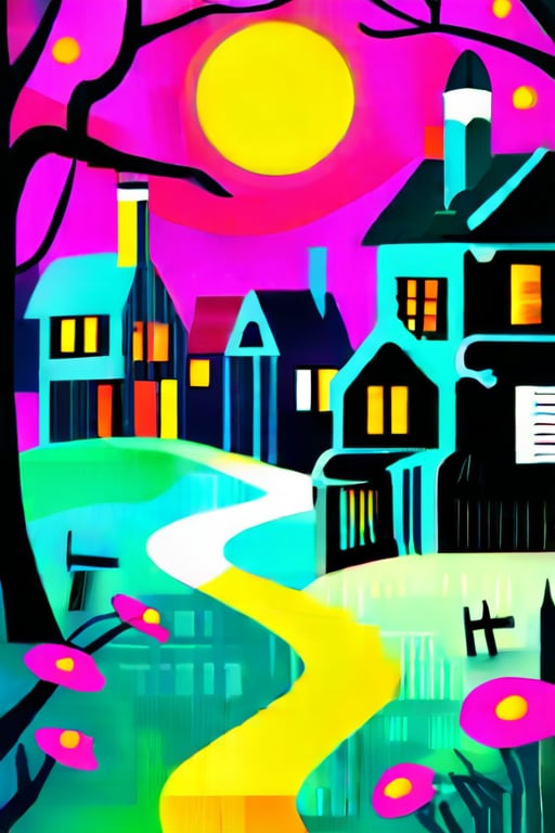 Flat art , 6 colors. Heavy line weight. Illustration scene  of a Halloween village  environment. 