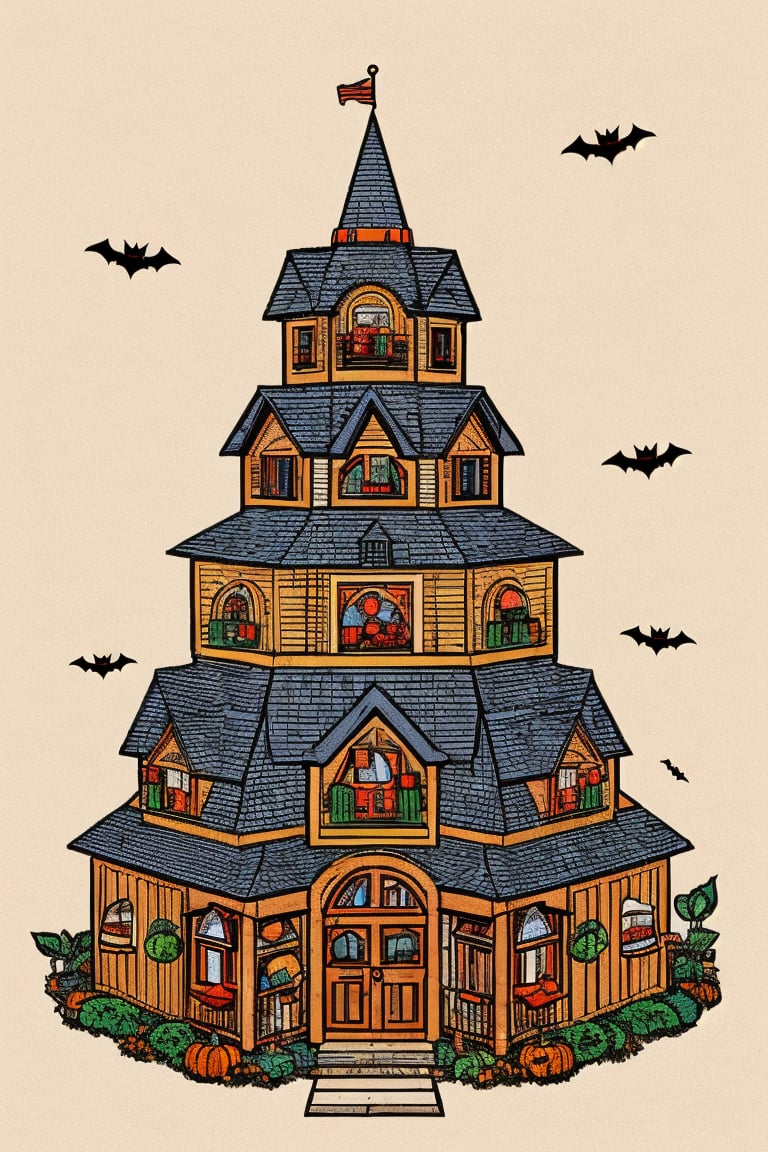 Flat art , 6 colors. Heavy line weight. Illustration scene  of a Halloween village  environment. 