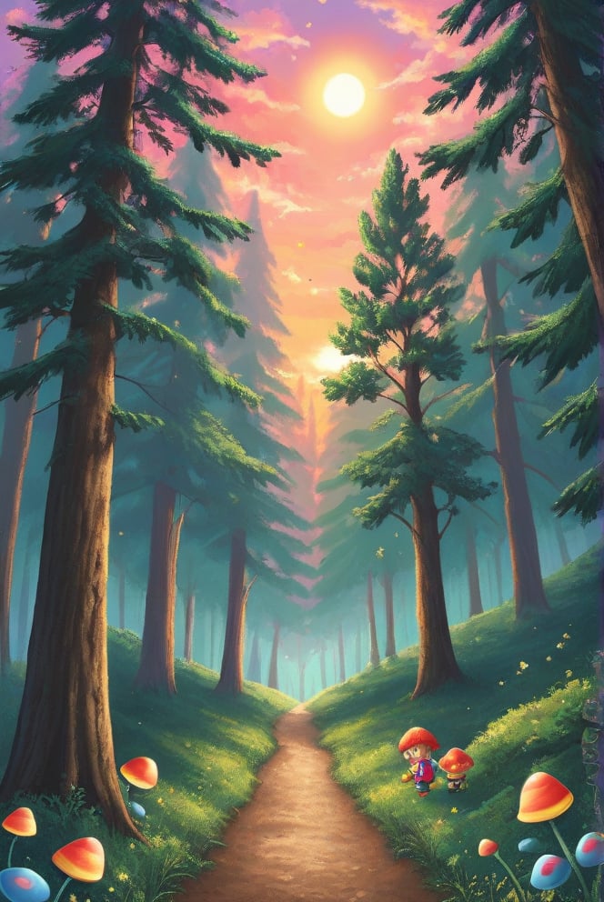 a little gnome walking  through a forest , three  quarters  view, large forest small gnome, dusk time, fire flies , sunset seen through the trees, whimsical  environment. the gnome is on the right side of the frame facing  left  walking towards the center of the  frame .