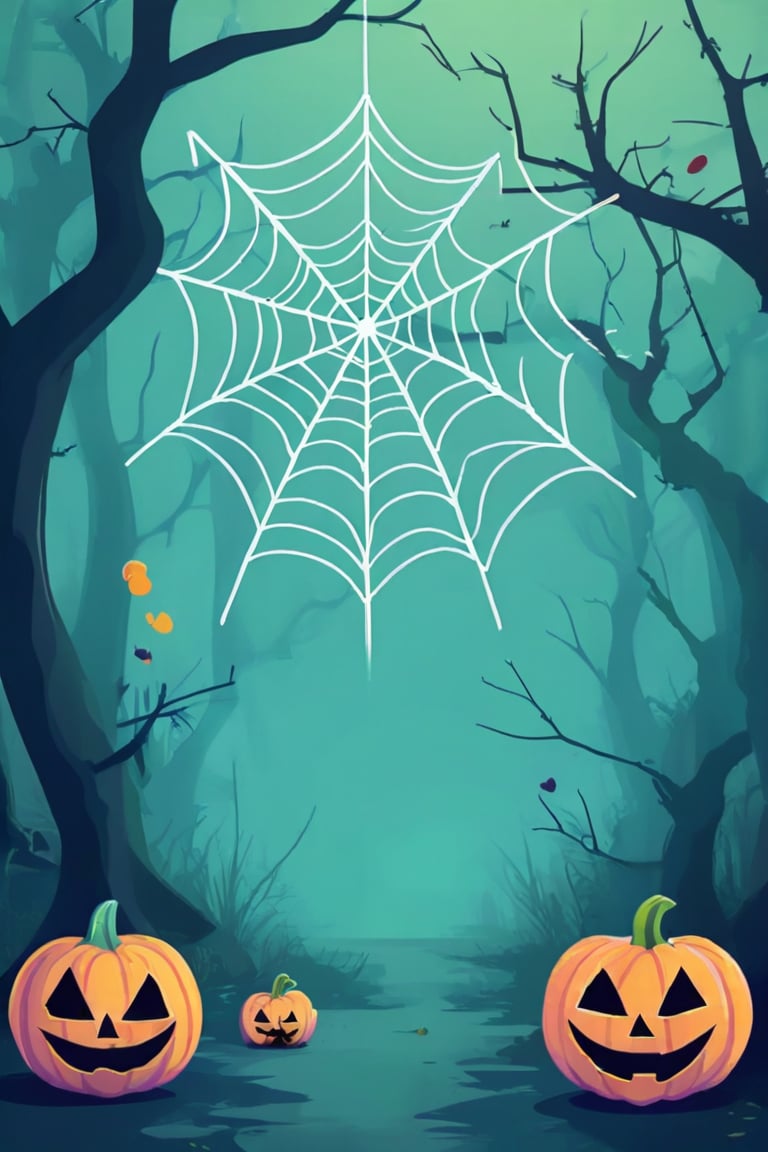 Flat art , 6 colors. Heavy line weight. Illustration scene  of a Halloween themed  environment. Simplistic.  Minimalistic.  Cute image. Sfw, pumpkins. Spider webs. Halloween  color palette. Vibrant color. ( big white Spider web between some of the trees ) no shading . No highlights . Flat art