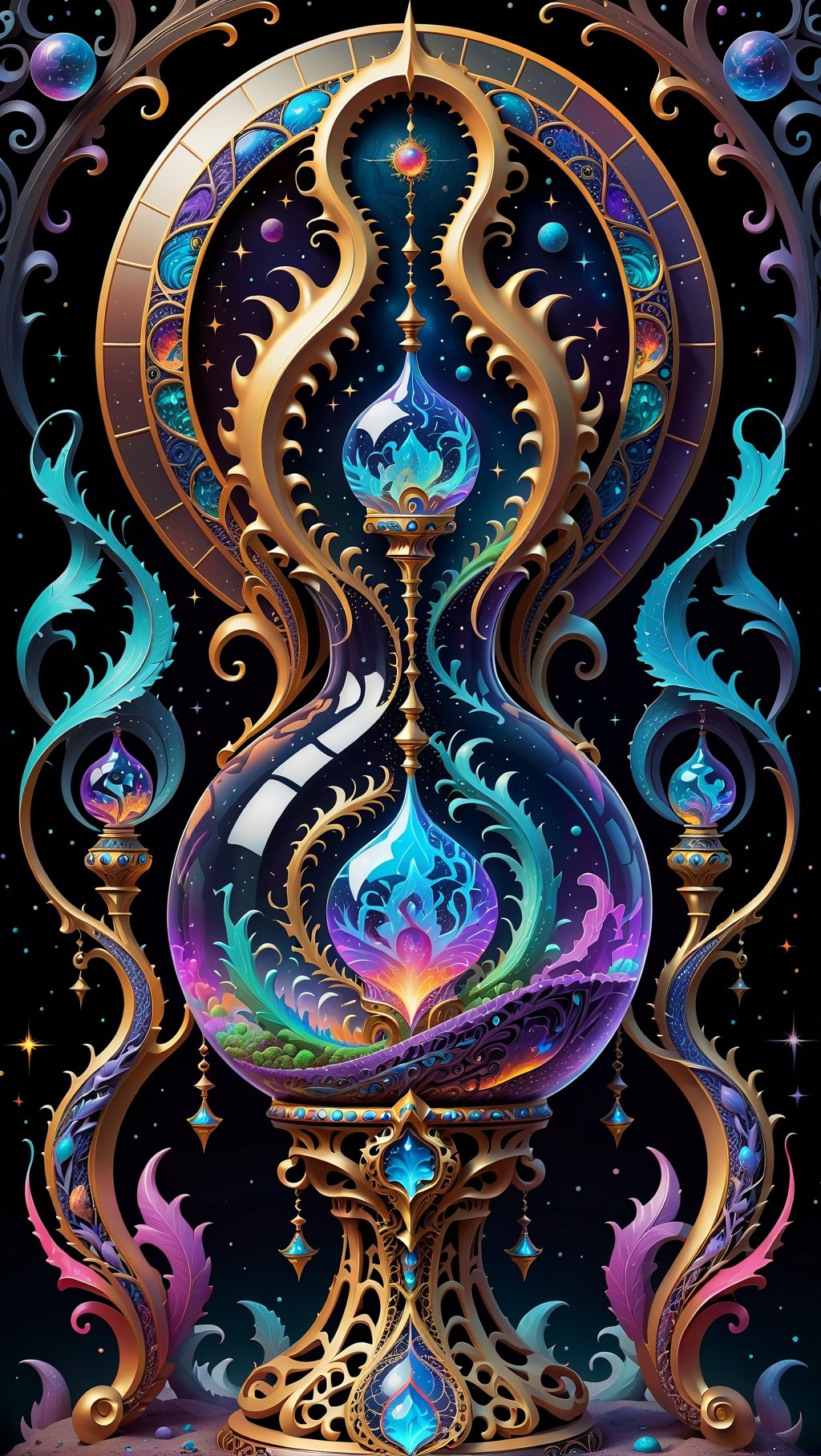 beautiful cosmic dragon that lives in skull of a god, chaos energy that forms a elegant hourglass and balanced scales,dragon , skulls,cosmic, nebulous soliloquy with psychatronic interface with god,transparent caustics,epic composition,universal energy, uv pastel colours, sacred geometry,, uv edges,neon, transparent background,elegant,  is centered with empty space as a boarder, high contrast, ultra detailed, not over complex, hour glass of the universe , scales to weigh souls , trippy, uv, neon. Hourglass of time and space with worlds that tells a story inside, uv highlights, ((psychedelic visionary art style))