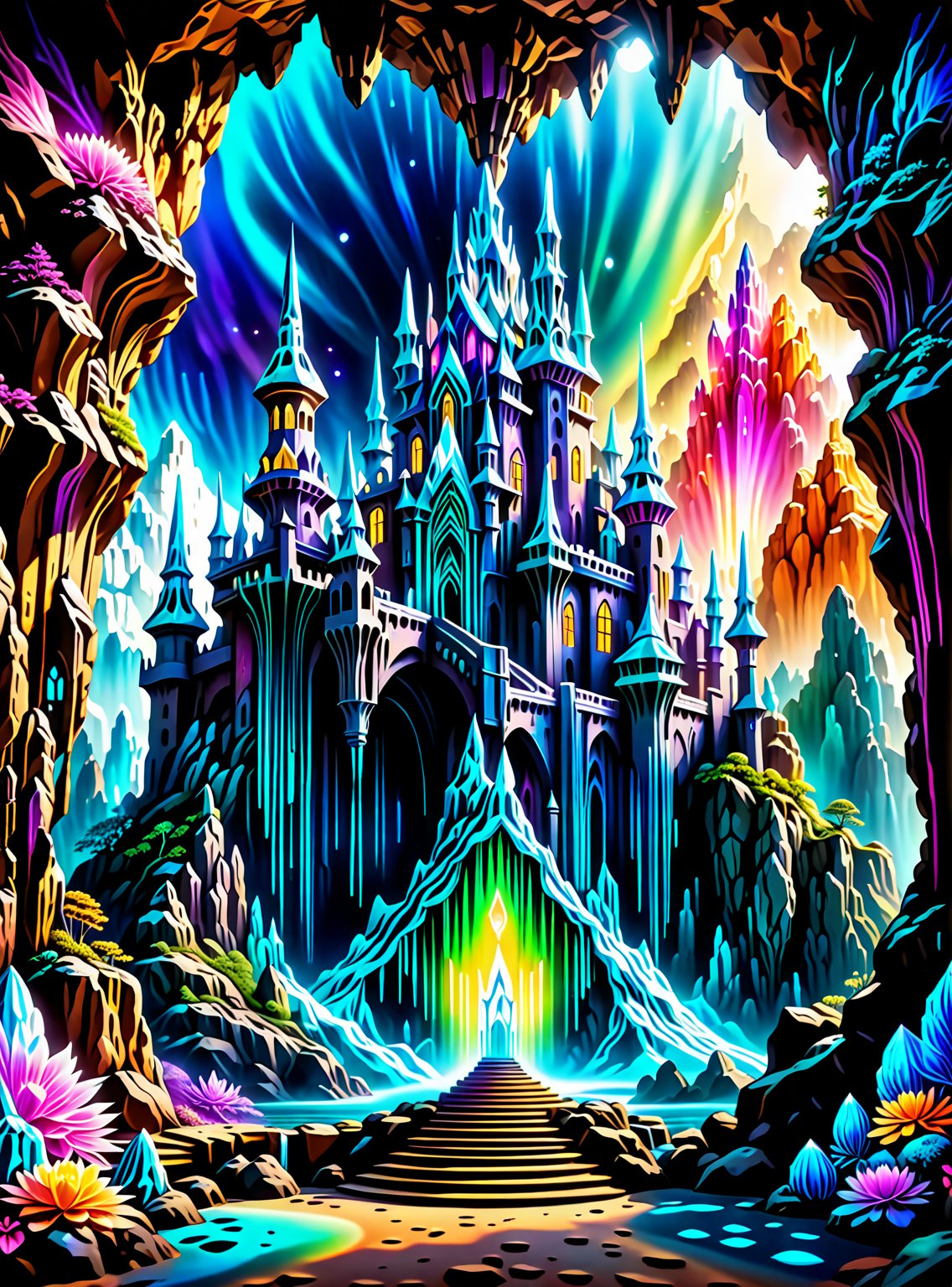 In the center of the cave entrance surrounded by a large crystal formations is a GIANT CASTLE SPIRIT THAT IS MADE OUT OF S...