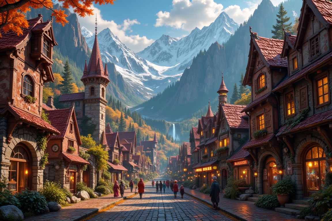 Beautiful Elven university and storybook cottages and shops in a Fantasy Elven Village in autumn ,  mountains and waterfal...