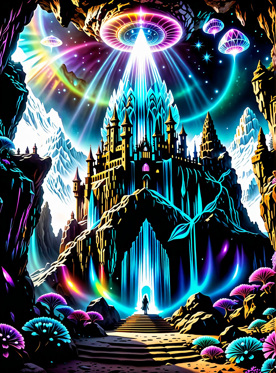 ((In the center of the MYSTICAL cave entrance surrounded by a large crystal formations is a GIANT CASTLE AND A SEMI TRANSP...