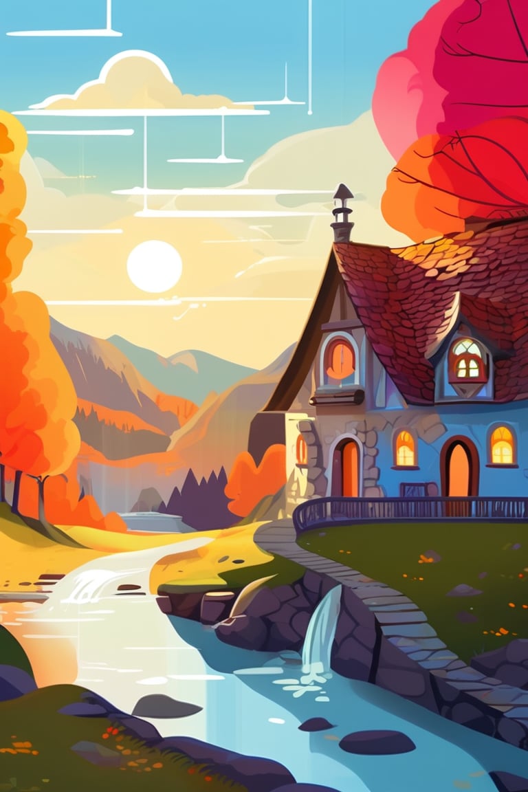 Flat art , 6 colors. Heavy line weight. Illustration scene Beautiful Elven storybook cottage in a Fantasy Elven Village in autumn , mountains and waterfalls in the distance,Cobblestone road,atmospheric sun rays,  colourful,  Renaissance architecture, Lovely, Picturesque,   environment. Simplistic.  Minimalistic.   Spider webs. Vibrant color.  no shading . No highlights . Flat art