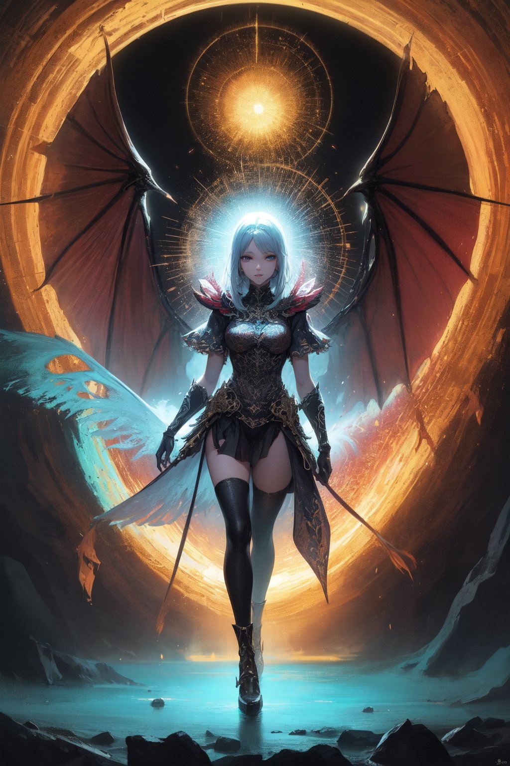 a massive dragon made of light and comsic energy guards the gates to another realm a wanderer stand before the dragon seek...