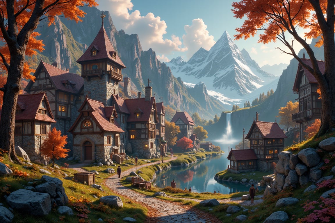 Beautiful Elven university and storybook cottages and shops in a Fantasy Elven Village in autumn ,  mountains and waterfal...