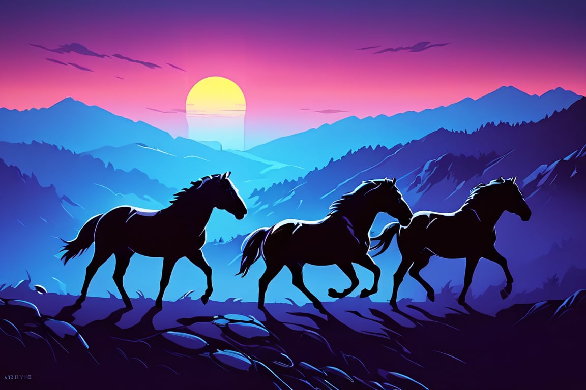 Pop Art  digitized vector, minimalist design, vector art,   Pop Art digitized vector, minimalist design, vector art,,Pop Art medium shot , side view of  three horses running through a valley with mountains in the distance ,fog, night time, from an anime-style illustration, rendered in realistic sketch style.  night sky background that fades out of focus .7 colors, simple image,  (masterpiece, best quality, vector-detailed), vector shading, clearly defined line work, detailed background,best quality,vector lines, Pop Art, simple image, proper anatomy , vector shading, simple line art , vector lines, illustration, , A beautifully designed image, . Crisp lines, realistic, high quality , fine texture, incredibly lifelike perfect shadows, atmospheric lighting, volumetric lighting, sharp focus .,proper lighting effects.medium shot  (masterpiece, best quality, vector-detailed), vector shading, clearly defined  line work, detailed background, anatomically correct,, perfect eyes, expressive eyes, score_9, score_8_up, score_7_up, best quality, masterpiece, 4k,visionary art,best quality,vector lines, Pop Art, simple image, proper anatomy , no shading, simple line art , vector lines, illustration, , A beautifully designed image, . Crisp lines, realistic, high quality , fine texture, incredibly lifelike perfect shadows, atmospheric lighting, volumetric lighting, sharp focus  , clouds , from an anime-style illustration, rendered in realistic sketch style.  night sky background that fades out of focus , adding depth and mystery.,proper lighting effects