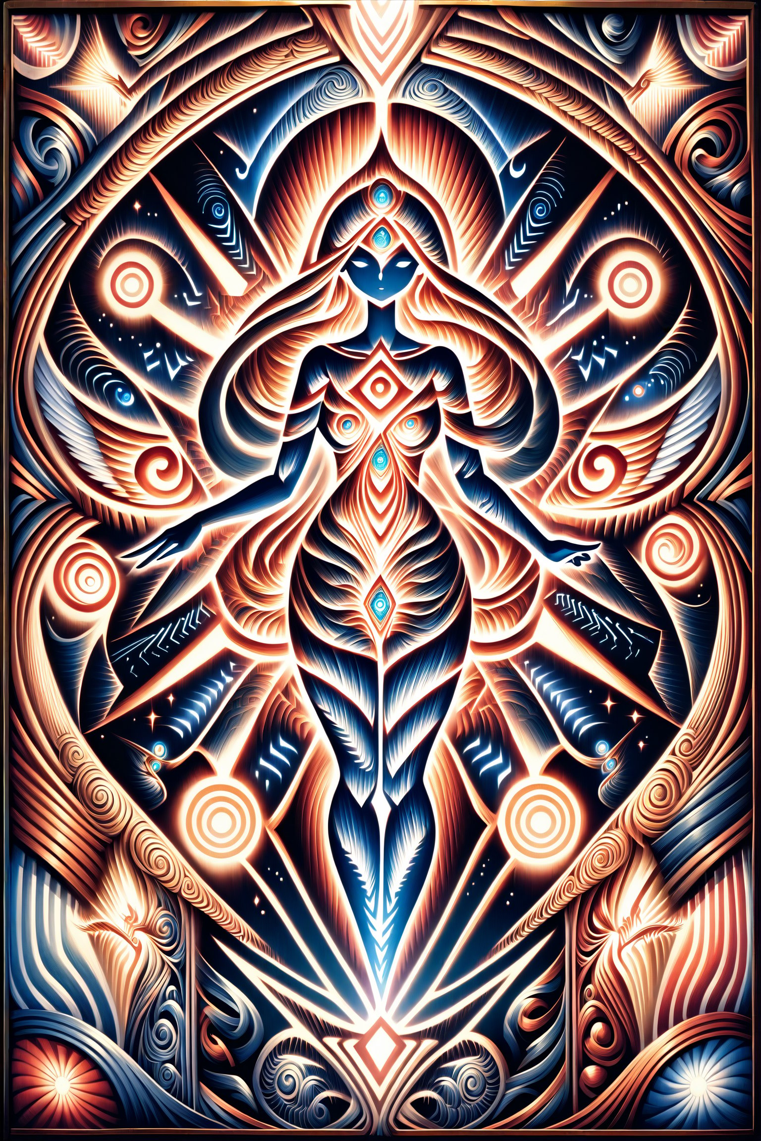  visionary art ,pen art, symmetrical, spirit guide among a matrix of energy and light