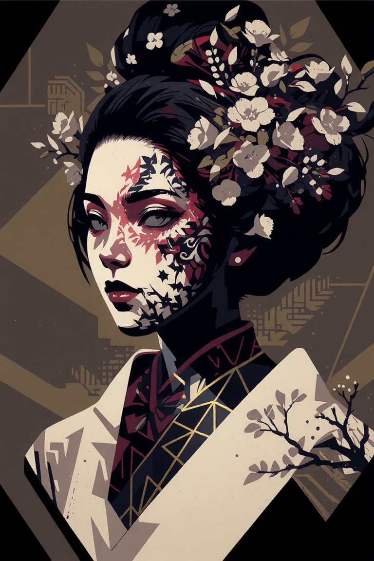 Pop Art  Pop Art  beautiful female geisha with floar Halftone geometric patterns]+ [ Sakura trees and leaves on the sides], dynamic, golden ratio, epic composition, visionary art, dmt, by Android Jones and Justin Totemical.  , proper anatomy, good hands, good feet,, black and white Coloring Pages , no shading, , Printable fantasy coloring book for adults ,  simple line art , vector lines, , , illustration, , A beautifully designed image, ink pen illustration in the style, . Crisp lines,  realistic, a page for a , high quality, better hands, better feet, extremely high-resolution details, photographic, , fine texture, incredibly lifelike perfect shadows, atmospheric lighting, volumetric lighting, sharp focus, focus on eyes, masterpiece,, simple image,  uv colors ,eon highlights,