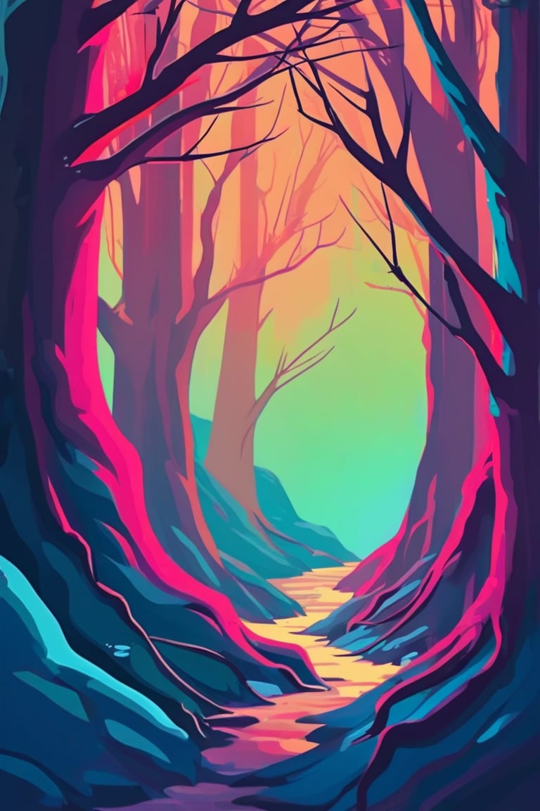 Flat art , 6 colors. Heavy line weight. Illustration scene  of a old growth forest  environment. Simplistic.  Minimalistic.   Spider webs. Vibrant color.  no shading . No highlights . Flat art