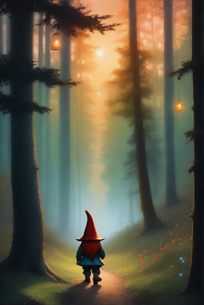 a little gnome walking  through a forest , three  quarters  view, large forest small gnome, dusk time, fire flies , sunset seen through the trees, whimsical  environment. the gnome is on the right side of the frame facing  left  walking towards the center of the  frame .