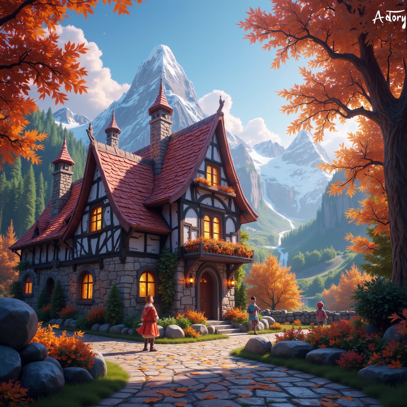 Beautiful Elven storybook cottage in a Fantasy Elven Village in autumn ,  mountains and waterfalls in the distance,  Cobbl...