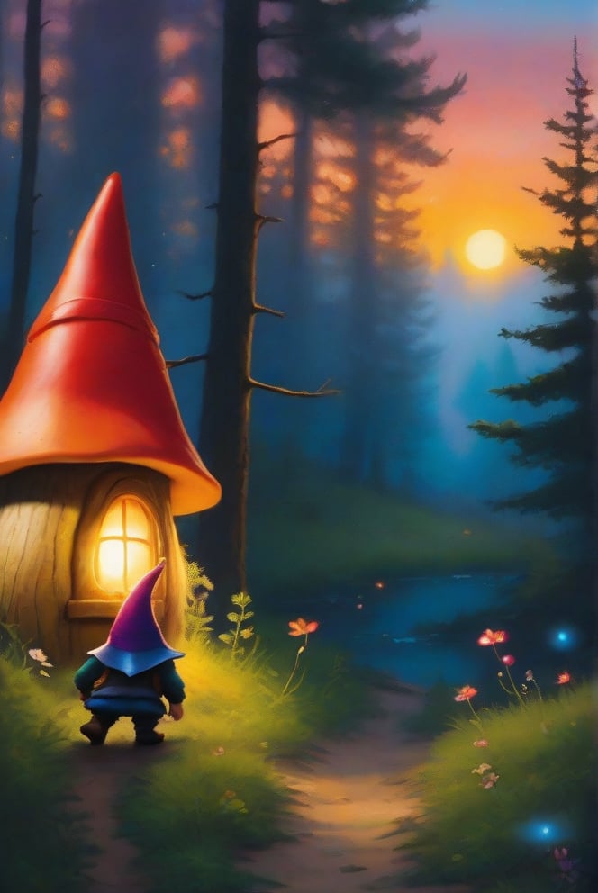 a little gnome walking  through a forest , three  quarters  view, large forest small gnome, dusk time, fire flies , sunset seen through the trees, whimsical  environment. the gnome is on the right side of the frame facing  left  walking towards the center of the  frame .