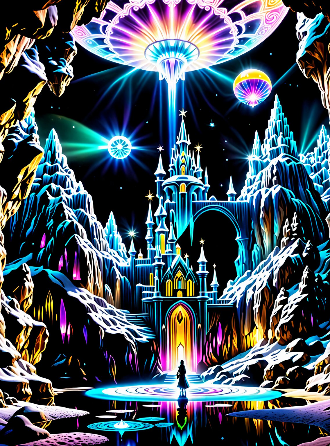 ((In the center of the MYSTICAL cave entrance surrounded by a large crystal formations is a GIANT CASTLE AND A SEMI TRANSP...