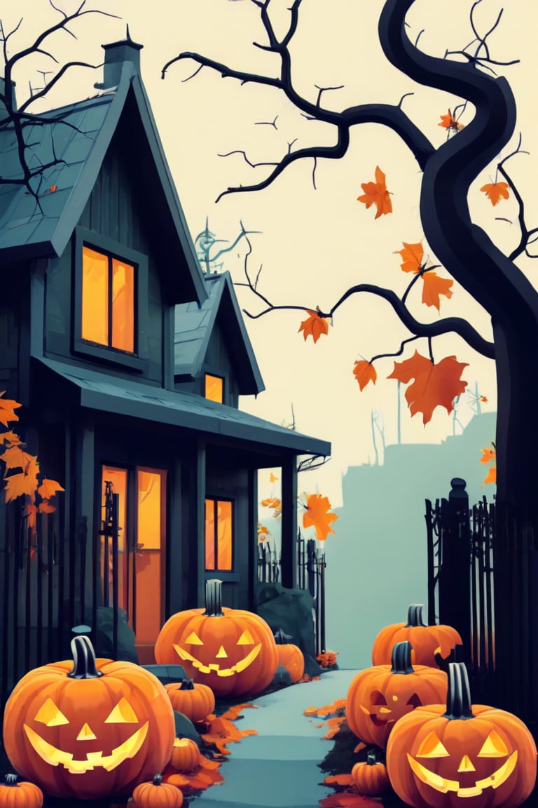 Flat art , 6 colors. Heavy line weight. Illustration scene  of a Halloween village  environment. Simplistic.  Minimalistic.  Cute image. Sfw, pumpkins. Spider webs. Halloween  color palette. 