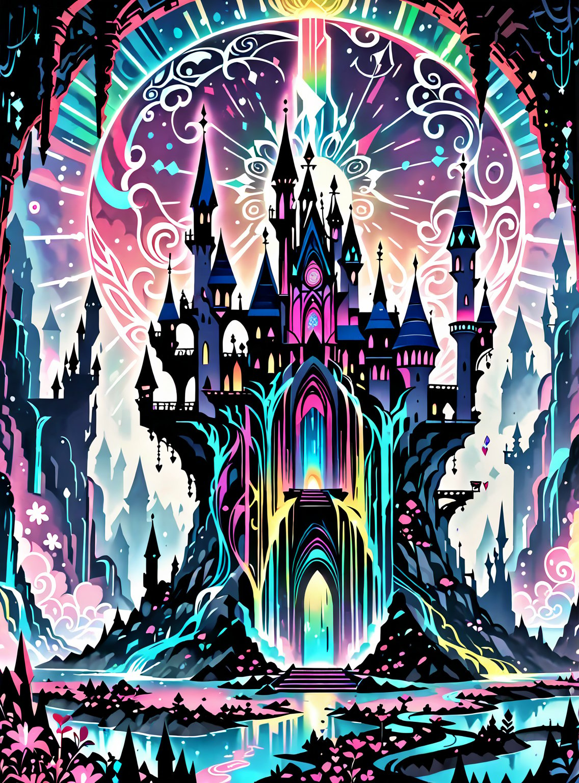 ((In the center of the MYSTICAL cave entrance surrounded by a large crystal formations is a GIANT  CASTLE  AND A  SEMI TRANSPARENT UFO MADE OF ASTRAL ENERGY HOVERS OF THE CASTLE THAT IS  MADE OUT OF SPIRITUAL ENERGY, it is made of translucent light and spiritual energy)) . A magical land psychedelic landscape wonderland with a  Guardian Spirit to watch over all. Dmt visuals. (visionary art style). ((symmetrical)) , uv, neon., uv highlights 
 fractals, sacred  geometry  and vivid color, (perfect symmetry),
 . Spirit realm, psychedelic landscape  , (masterpiece, best quality, ultra-detailed),, High detailed, detailed background, score_9, score_8_up, score_7_up, best quality, masterpiece,)) 4k,visionary art, everything fits into the image,