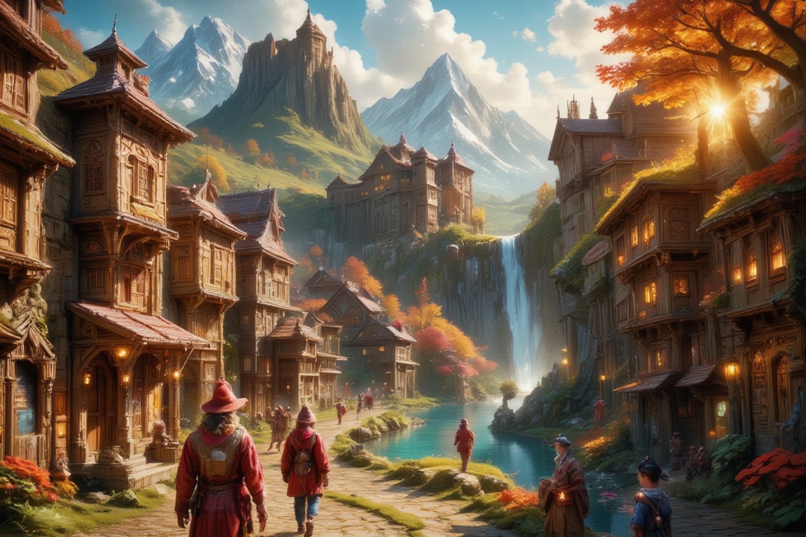  Beautiful Elven university and storybook cottages and shops  in a Fantasy Elven Village in autumn , mountains and waterfalls in the distance,Cobblestone road,atmospheric sun rays, gnomes elf villagers walking around,Trees, Hyperdetailed, colourful, digital Concept art, done on procreate,lightroom, Renaissance architecture, Lovely, Picturesque, Art by Eddie Mendoza, Studio Ghibli, Geometric Jean-baptiste Monge, Ivan Shishkin, Jordan Grimmer, An Jung-Hwan, yoann lossel, marc simonetti, HD, 8k,