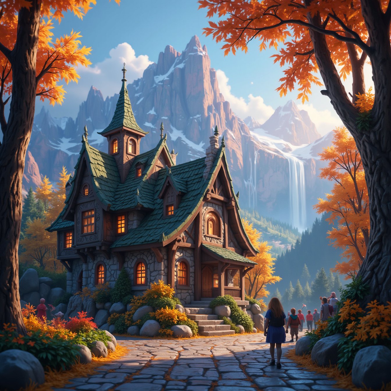 Beautiful Elven storybook cottage in a Fantasy Elven Village in autumn ,  mountains and waterfalls in the distance,  Cobbl...
