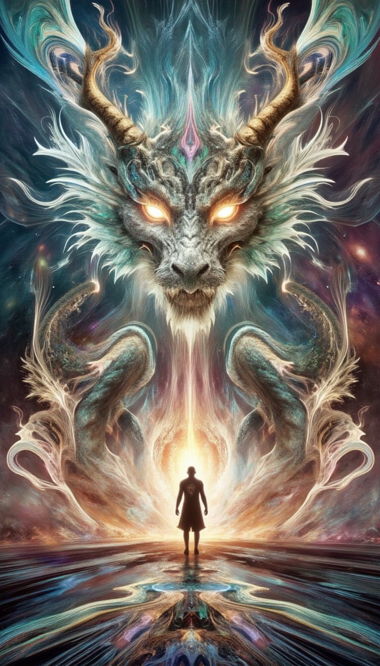 a massive dragon made of light and comsic energy guards the gates to another realm a wanderer stand before the dragon seek...