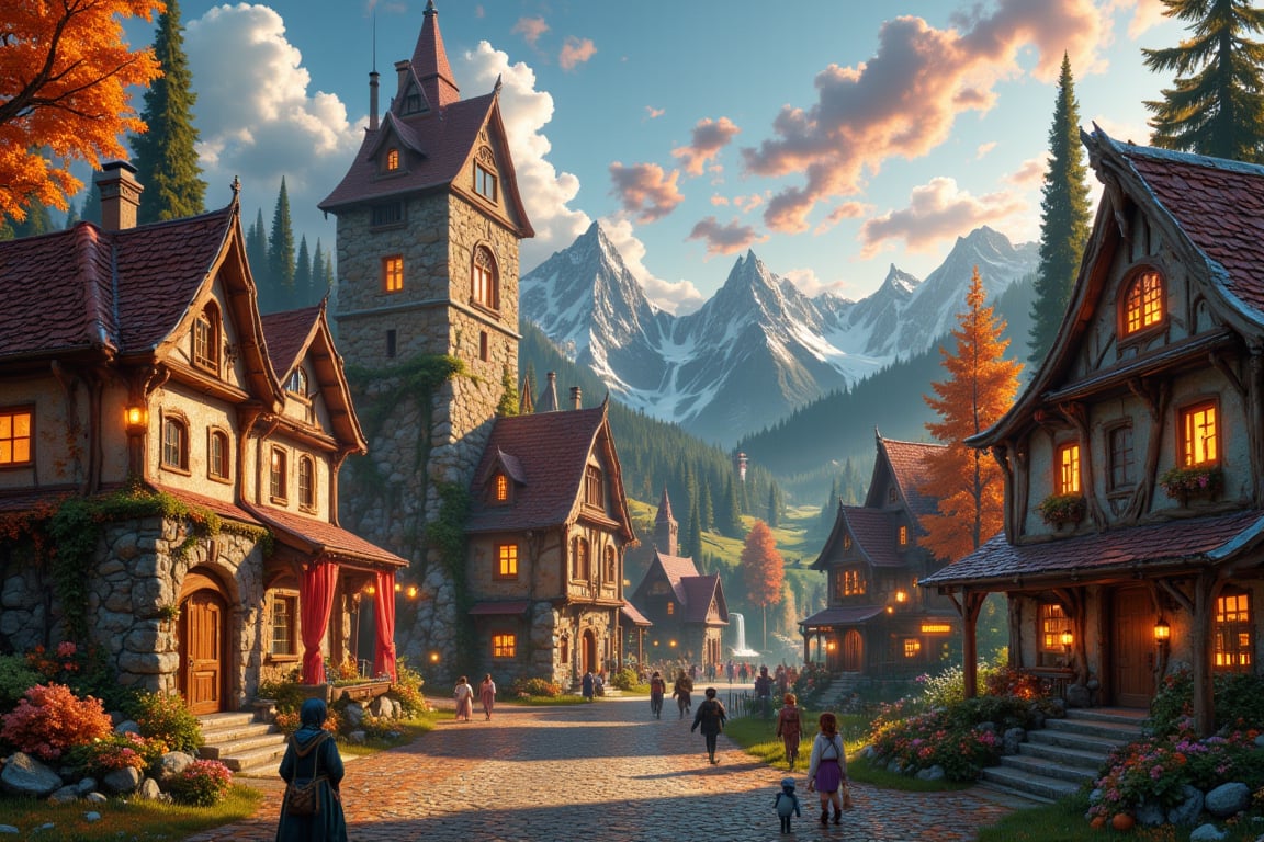 Beautiful Elven university and storybook cottages and shops in a Fantasy Elven Village in autumn ,  mountains and waterfal...