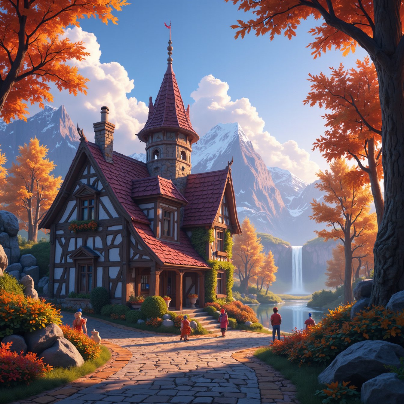 Beautiful Elven storybook cottage in a Fantasy Elven Village in autumn ,  mountains and waterfalls in the distance,  Cobbl...