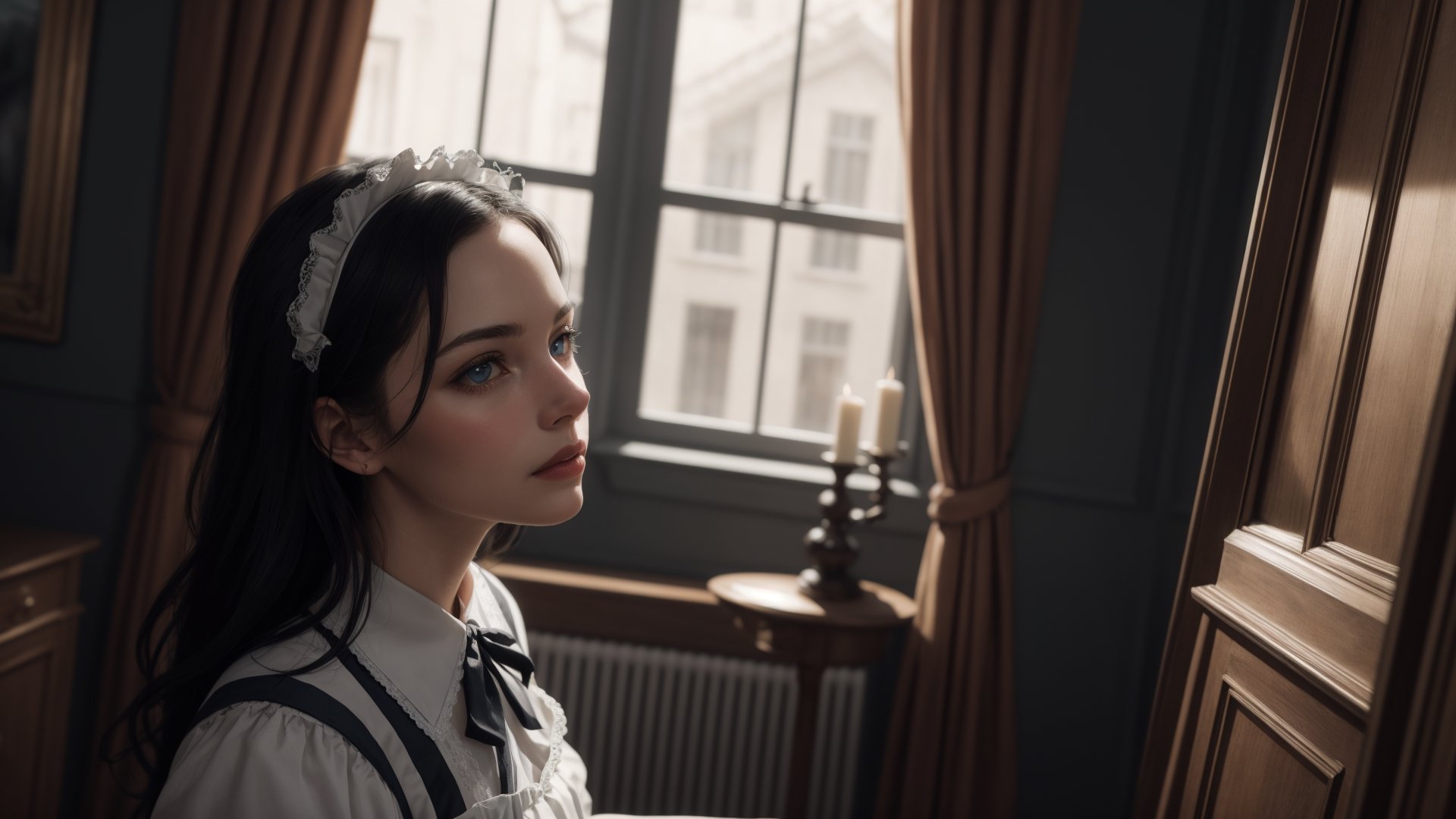 Generate a high-quality, intricate illustration of a British maid in a mansion scene. She should be portrayed in a full-body shot, wearing a maid uniform. The character should have black hair, blue eyes with a realistic quality, and make eye contact with a sultry pose. The expression should convey innocence. Please emphasize the details in the eyes. The overall artwork should have a contrast that enhances the mood. Limit the scene to include only one female character.