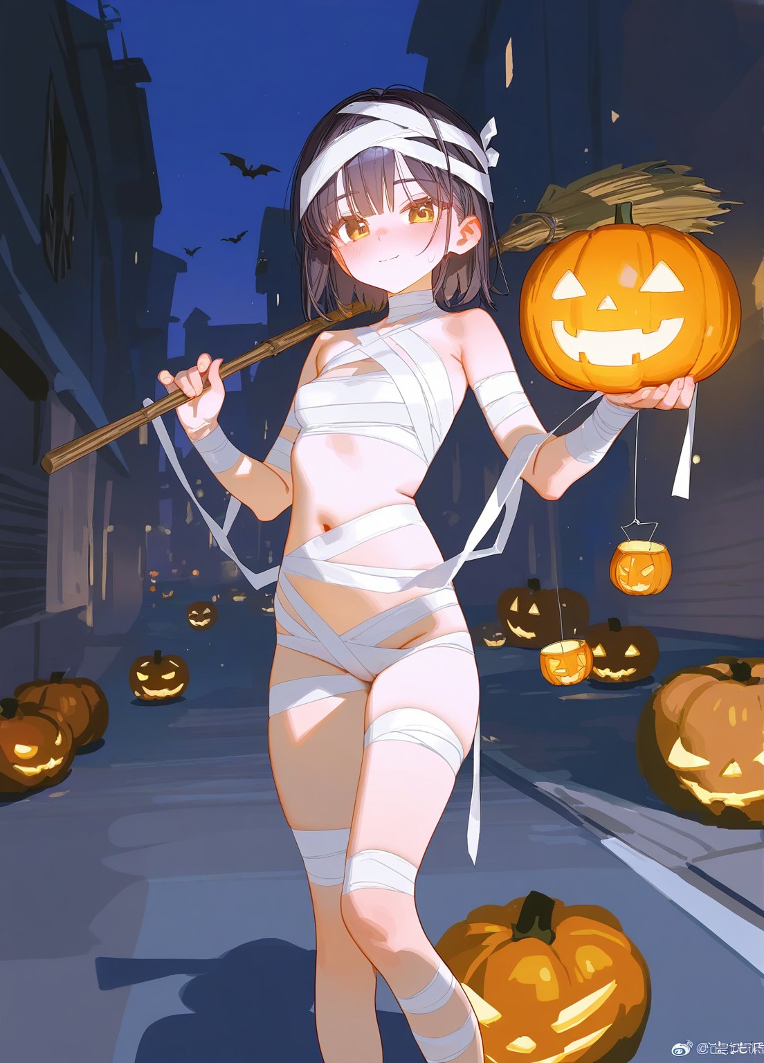 1girl,cute, 
 {artist:ciloranko,artist:reoen},tianliang duohe fangdongye,[artist:dsmile],[[artist:rhasta]],year 2023,
dynamic pose, mummy girl,,feet out of frame,standing, holding,jack-o'-lantern ,
halloween,night,street, best quality, amazing quality, very aesthetic, absurdres,