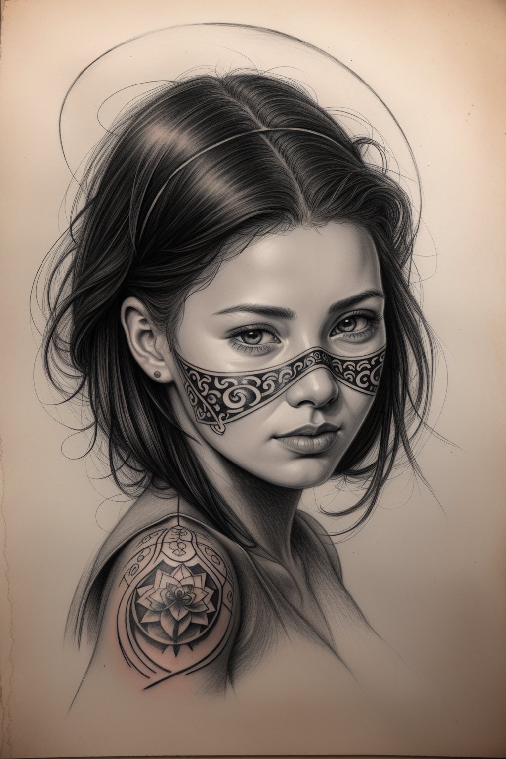 hyperdetailed charcoal and pencil sketch of young woman of an ancient
tribe with tattoo on face, on an aged paper, pencil shading, intricate,
beautiful, delicate, soft lines, by Krzysztof Lukasiewicz