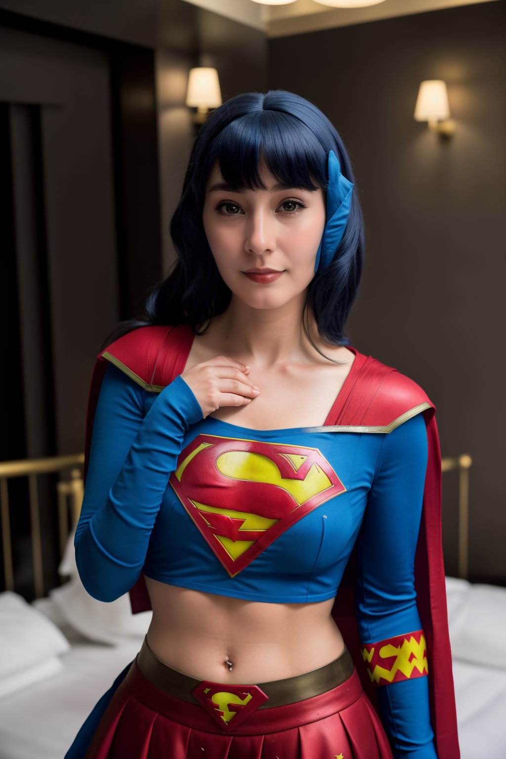  woman posing for a photo,(wearing supergirl_cosplay_outfit:1.3),crop_top,
good hand,4k, high-res, masterpiece, best quality, head:1.3,((Hasselblad photography)), finely detailed skin, sharp focus, (cinematic lighting), collarbone, night, soft lighting, dynamic angle, [:(detailed face:1.2):0.2],(((5 stars hotel))), outside,    