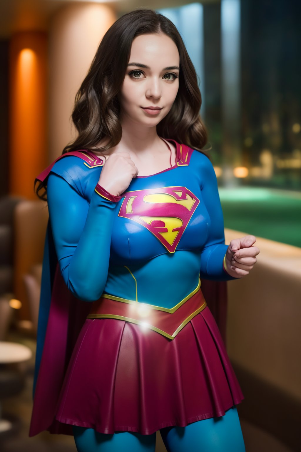  woman posing for a photo,(wearing supergirl_cosplay_outfit:1.3),crop_top,
good hand,4k, high-res, masterpiece, best quality, head:1.3,((Hasselblad photography)), finely detailed skin, sharp focus, (cinematic lighting), collarbone, night, soft lighting, dynamic angle, [:(detailed face:1.2):0.2],(((5 stars hotel))), outside,    