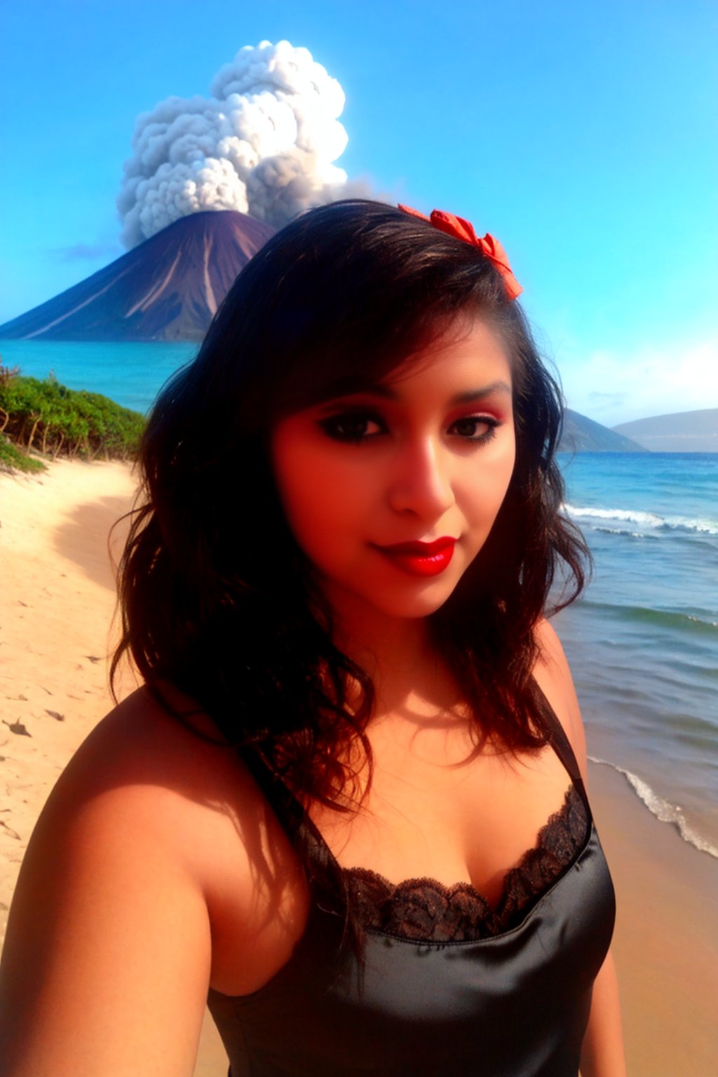 Jewelry, shiny, Lalique, Black Satin and Lace Cami and Short Set, Fit, Diamond-Shaped Face, Ebony Skin, Curved Nose, Bow-shaped Lips, Round Chin, Coral glossy lipstick, earrings, Wavy Hair Shoulder-Length Hair Curls, with a volcano in the background, serene beach with crashing waves, <