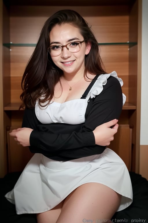 masterpiece, best quality, ultra-detailed, illustration, 1girl, solo, looking at viewer, , grey-framed eyewear, enmaided, maid, long sleeves, smile