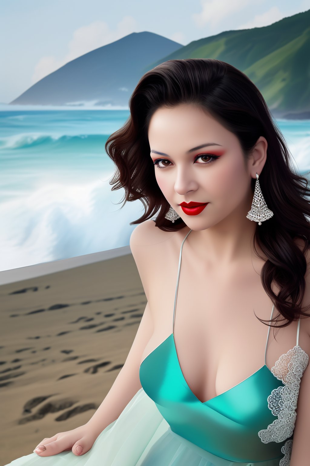 Jewelry, shiny, Lalique, Black Satin and Lace Cami and Short Set, Fit, Diamond-Shaped Face, Ebony Skin, Curved Nose, Bow-shaped Lips, Round Chin, Coral glossy lipstick, earrings, Wavy Hair Shoulder-Length Hair Curls, with a volcano in the background, serene beach with crashing waves, <